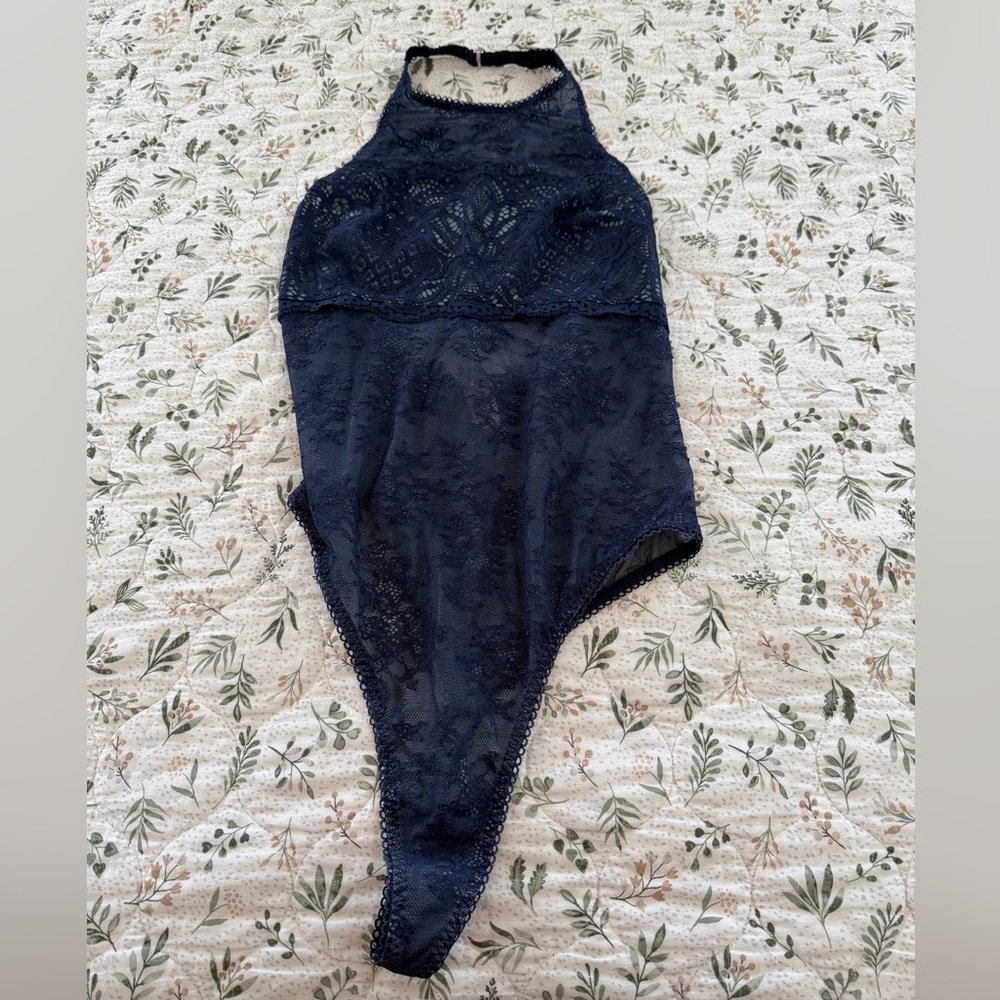 Victorias Secret Dark Royal Blue Halter Neck Lace Bodysuit Lingerie Sexy new NWT